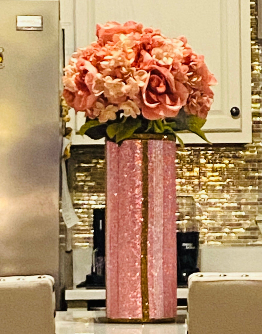 24" Long-stem Silk Roses & Hydrangea in a Pink Crystal Rhinestone Vase
