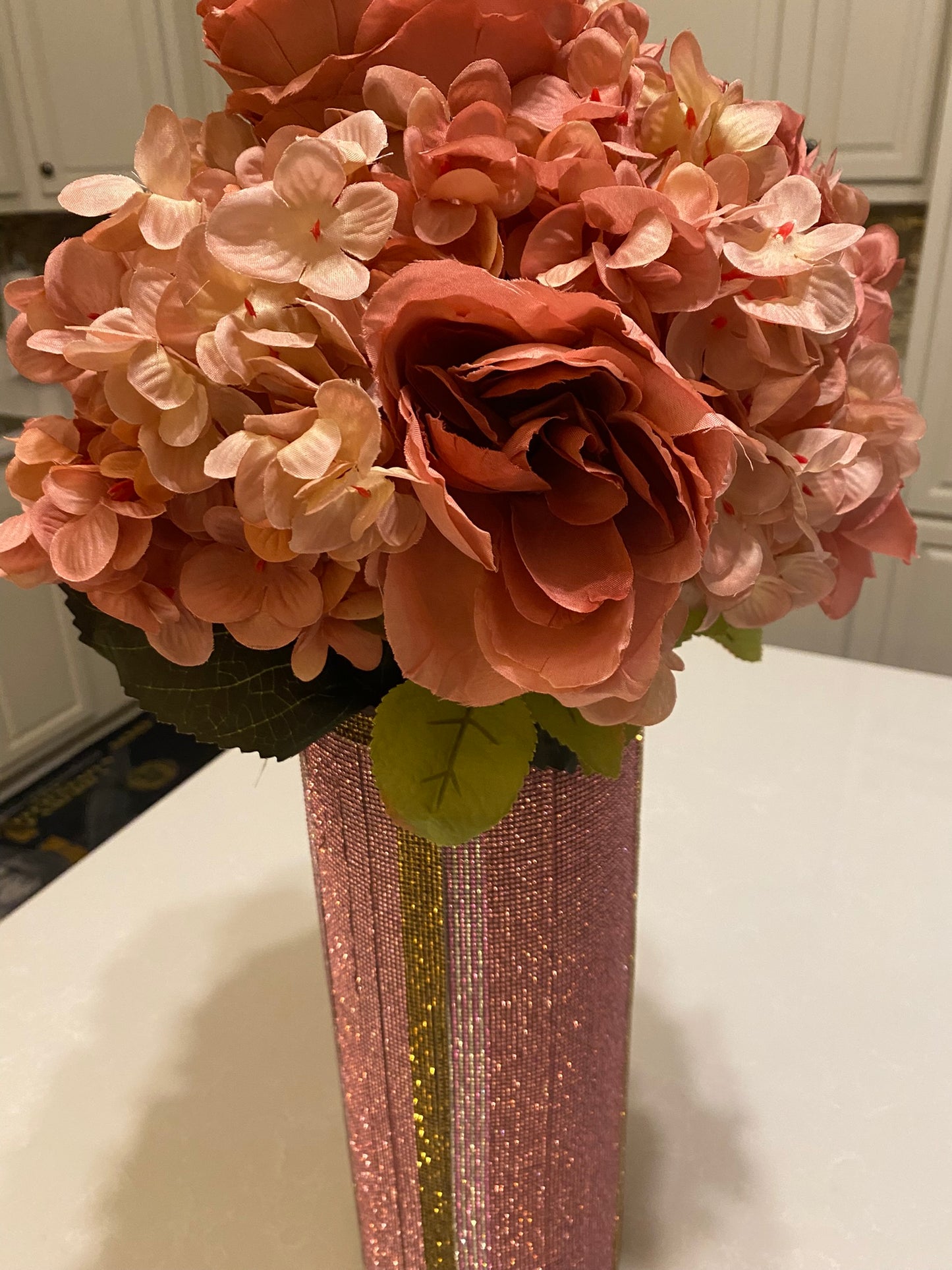 Rosy Pink V-Style Crystal Rhinestone Cylinder Vase (glass) is 15" tall. Long-stem silk floral arrangement sold separately.