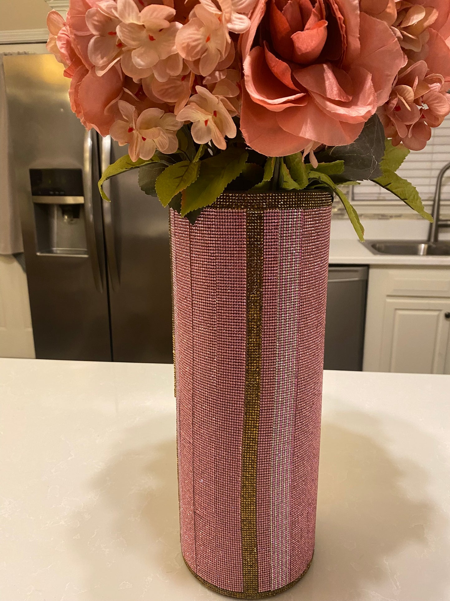 Rosy Pink V-Style Crystal Rhinestone Cylinder Vase (glass) is 15" tall. Long-stem silk floral arrangement sold separately.