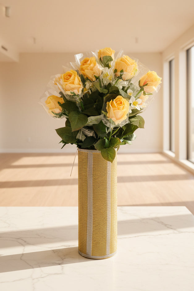 Artificial Rose Long-stem bouquet with silk flowers and green leaves are 24" tall.