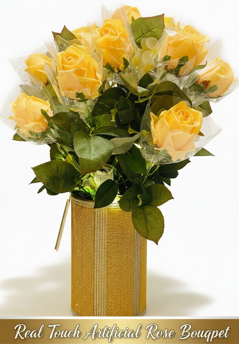 Artificial Rose Long-stem bouquet with silk flowers and green leaves are 24" tall.
