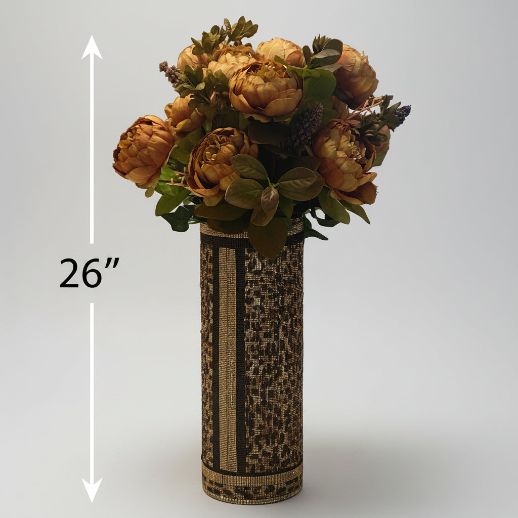 Leopard print crystal rhinestone vase with peony flowers is a sexy statement for your home decor.
