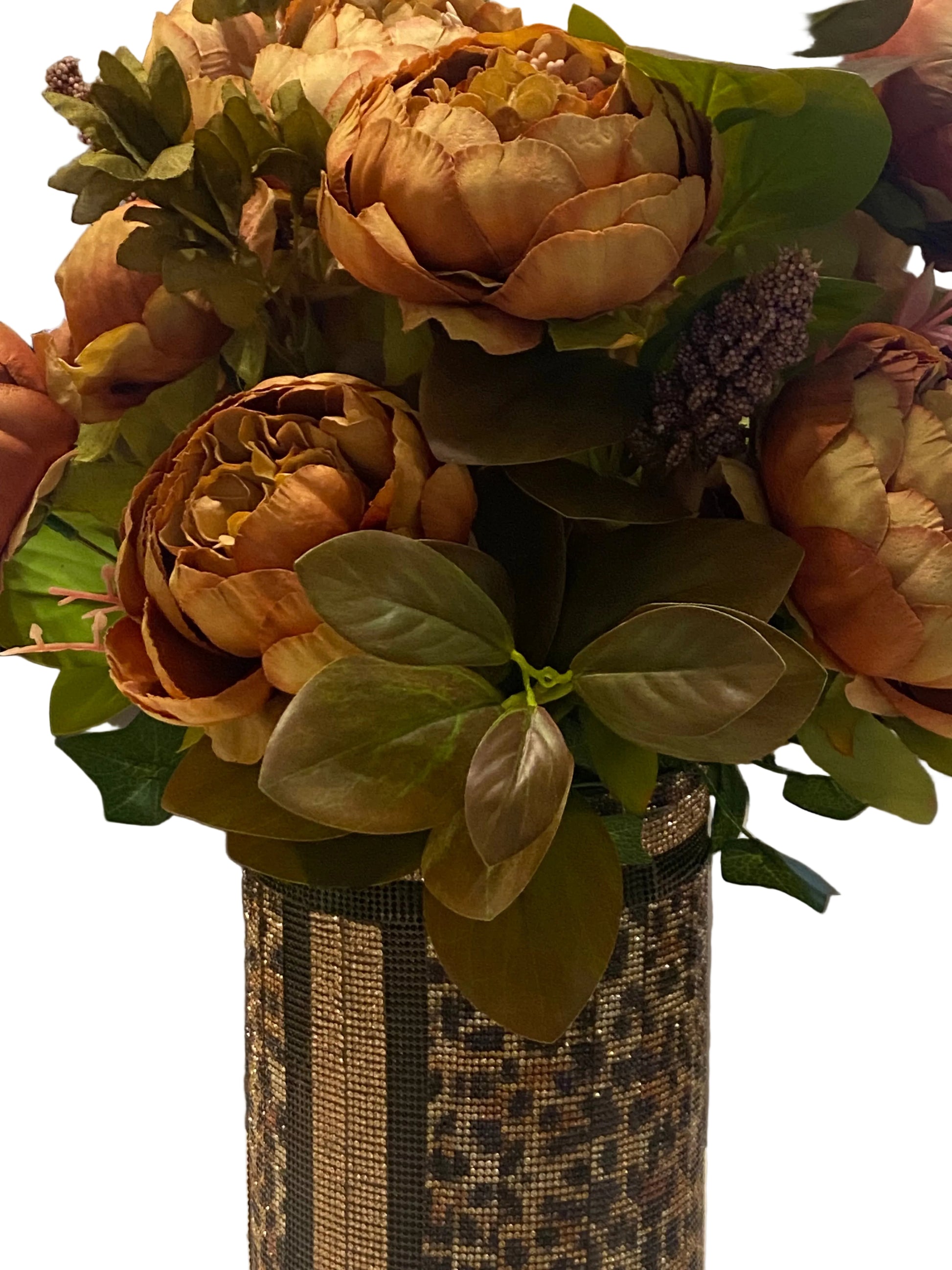 Bouquet of artificial peony flowers with green leaves and brownish-pink petals in a sexy leopard print 15" crystal rhinestone vase.