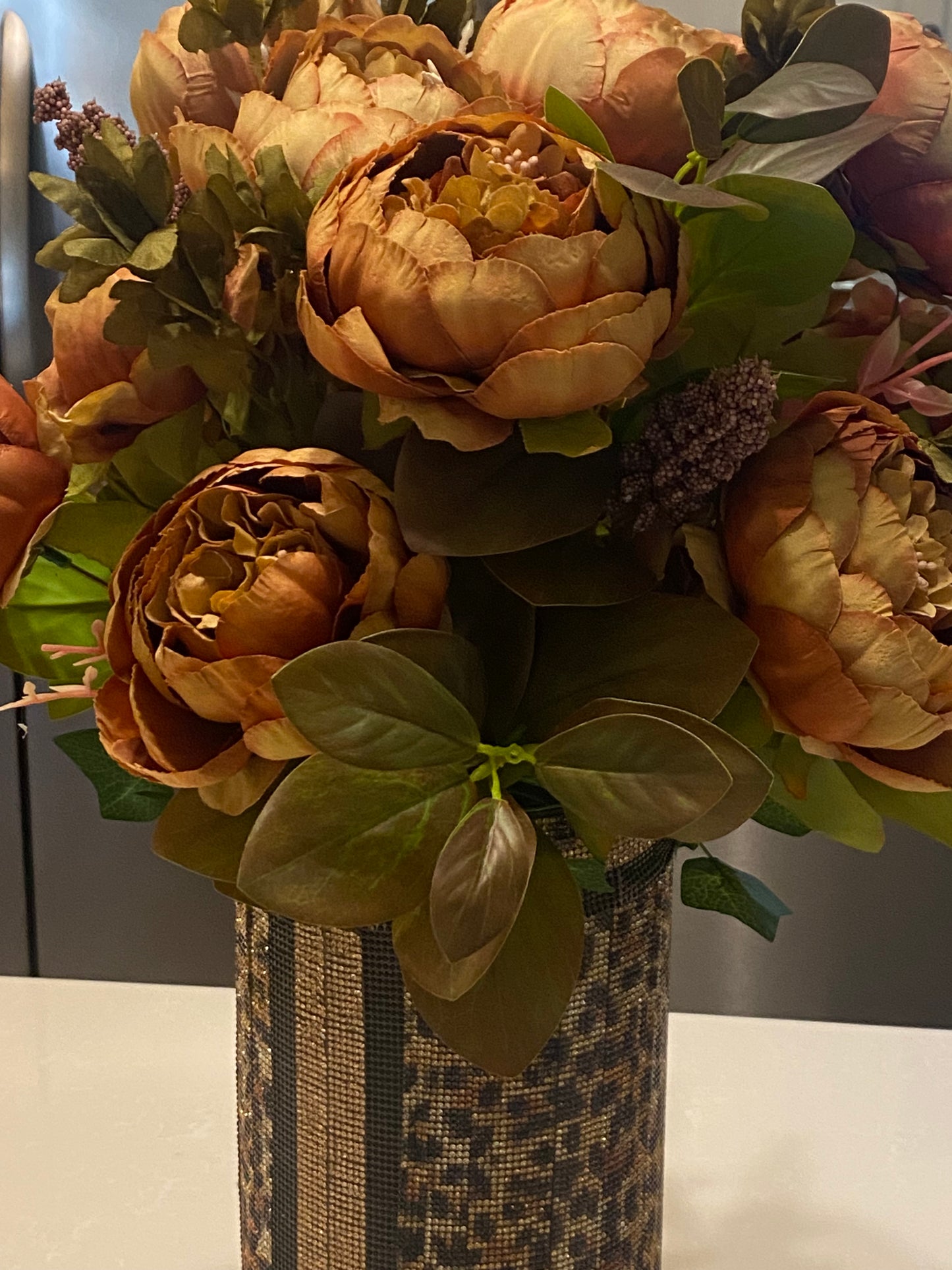 Peony Bouquet, Crystal Rhinestone Vase, Leopard Print, V-Style, Silk Floral Arrangement. 26" Tall.