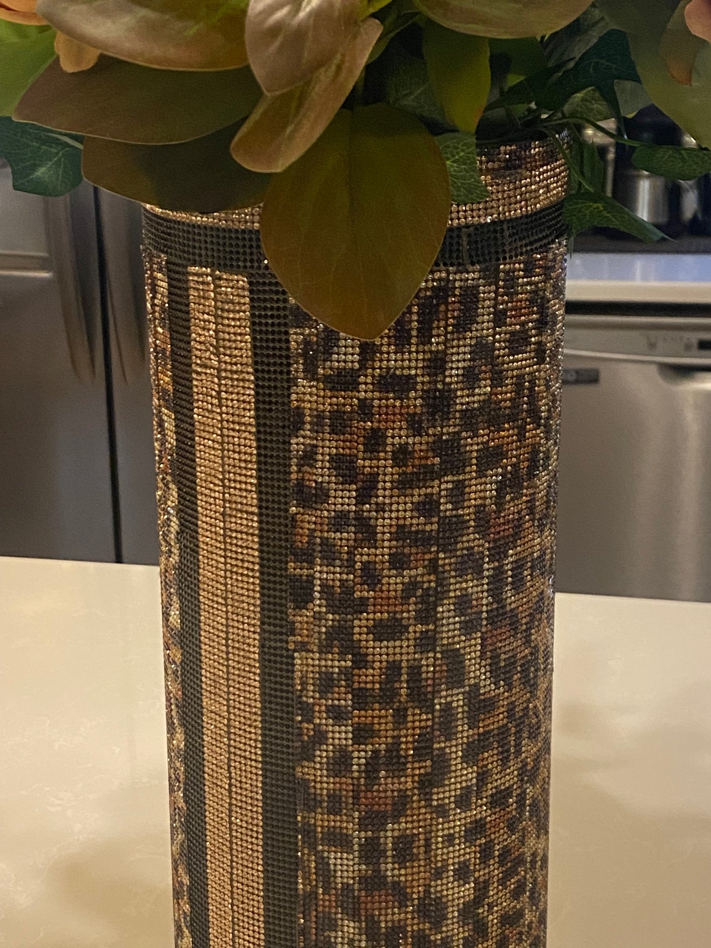 Peony Bouquet, Crystal Rhinestone Vase, Leopard Print, V-Style, Silk Floral Arrangement. 26" Tall.