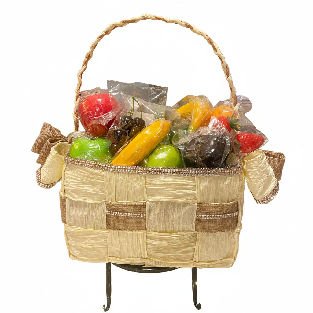 Basket Storage, Cream and Burlap Tan ribbon, hand-woven with crystal rhinestone bling trim. Eco-friendly, beautiful and durable.