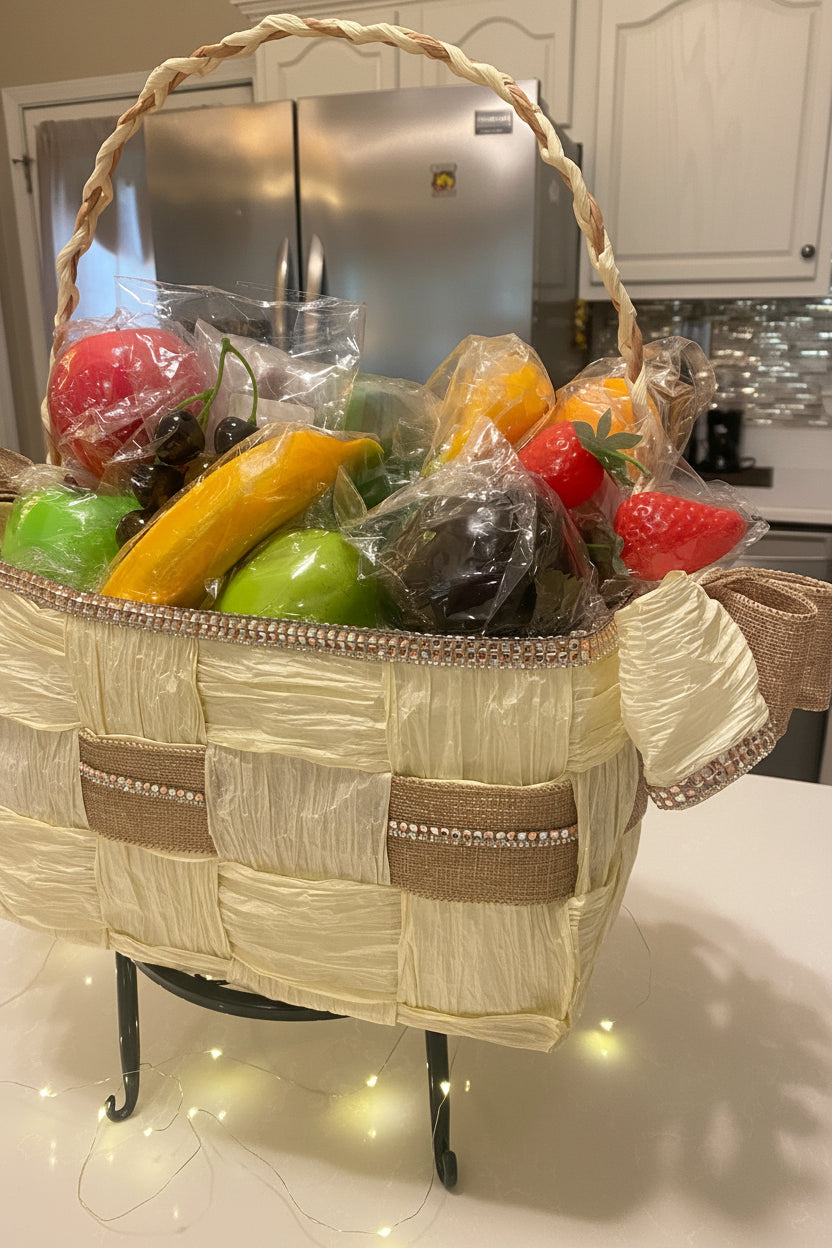 Basket Storage, Cream and Burlap Tan ribbon, hand-woven with crystal rhinestone bling trim. Eco-friendly, beautiful and durable.