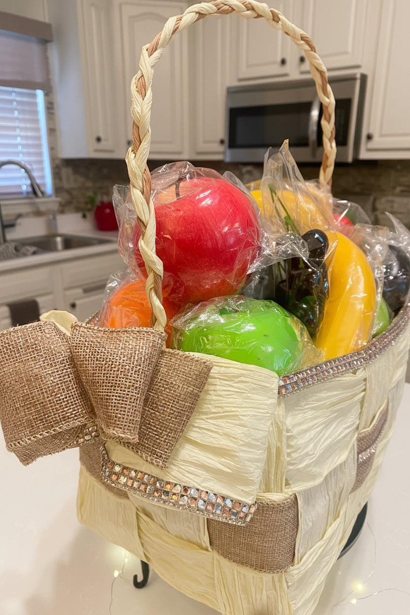 Basket Storage, Cream and Burlap Tan ribbon, hand-woven with crystal rhinestone bling trim. Eco-friendly, beautiful and durable.