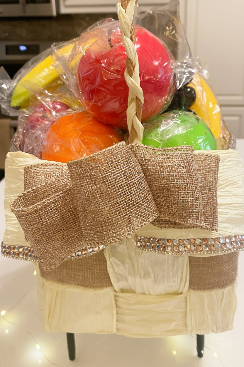 Basket Storage, Cream and Burlap Tan ribbon, hand-woven with crystal rhinestone bling trim. Eco-friendly, beautiful and durable.