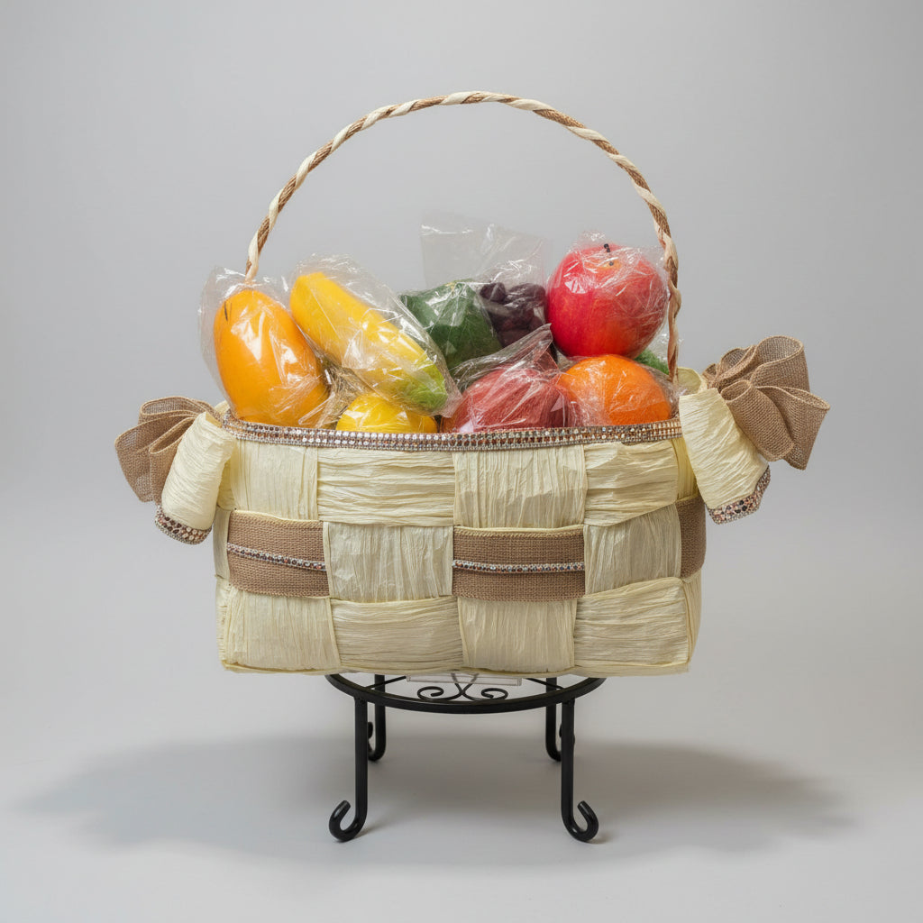 Basket Storage, Cream and Burlap Tan ribbon, hand-woven with crystal rhinestone bling trim. Eco-friendly, beautiful and durable.