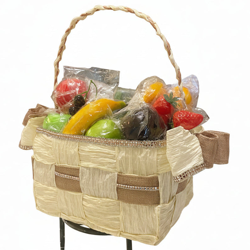 Basket Storage, Cream and Burlap Tan ribbon, hand-woven with crystal rhinestone bling trim. Eco-friendly, beautiful and durable.