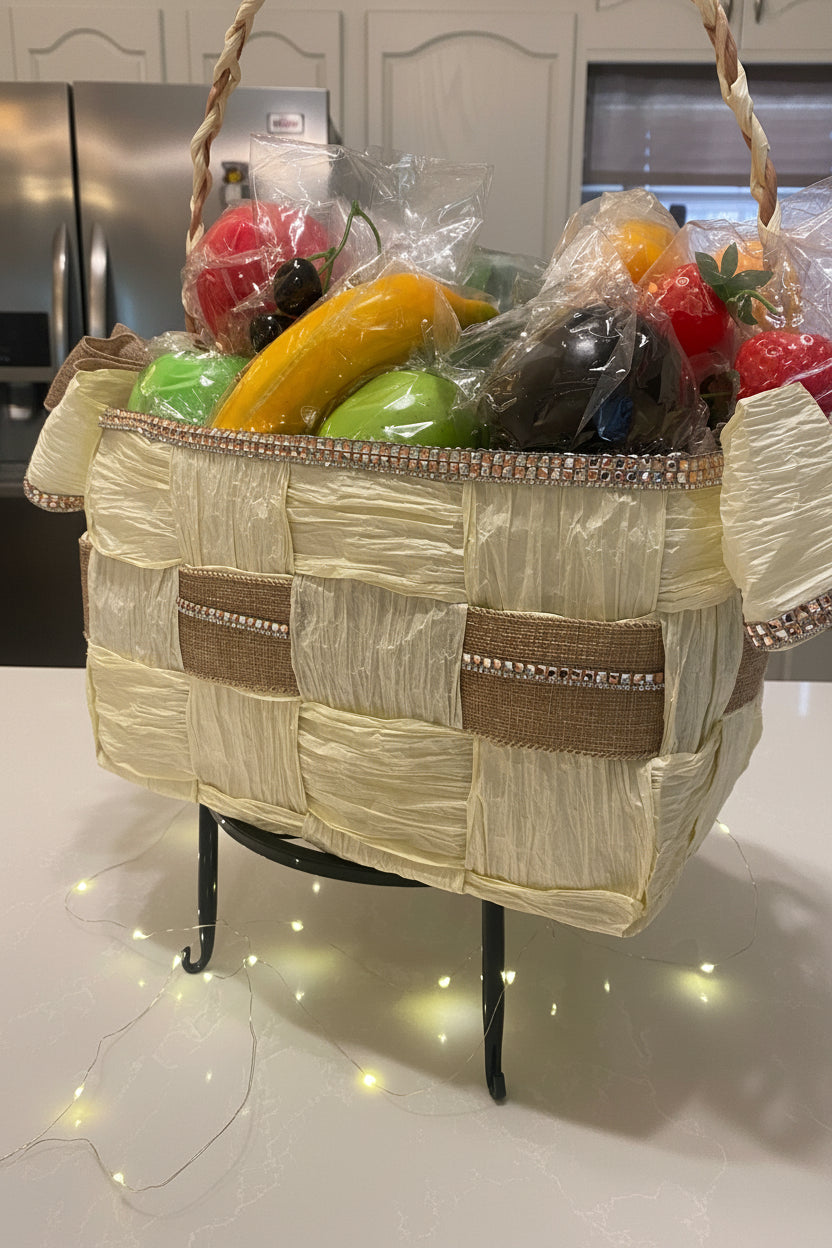 Basket Storage, Cream and Burlap Tan ribbon, hand-woven with crystal rhinestone bling trim. Eco-friendly, beautiful and durable.