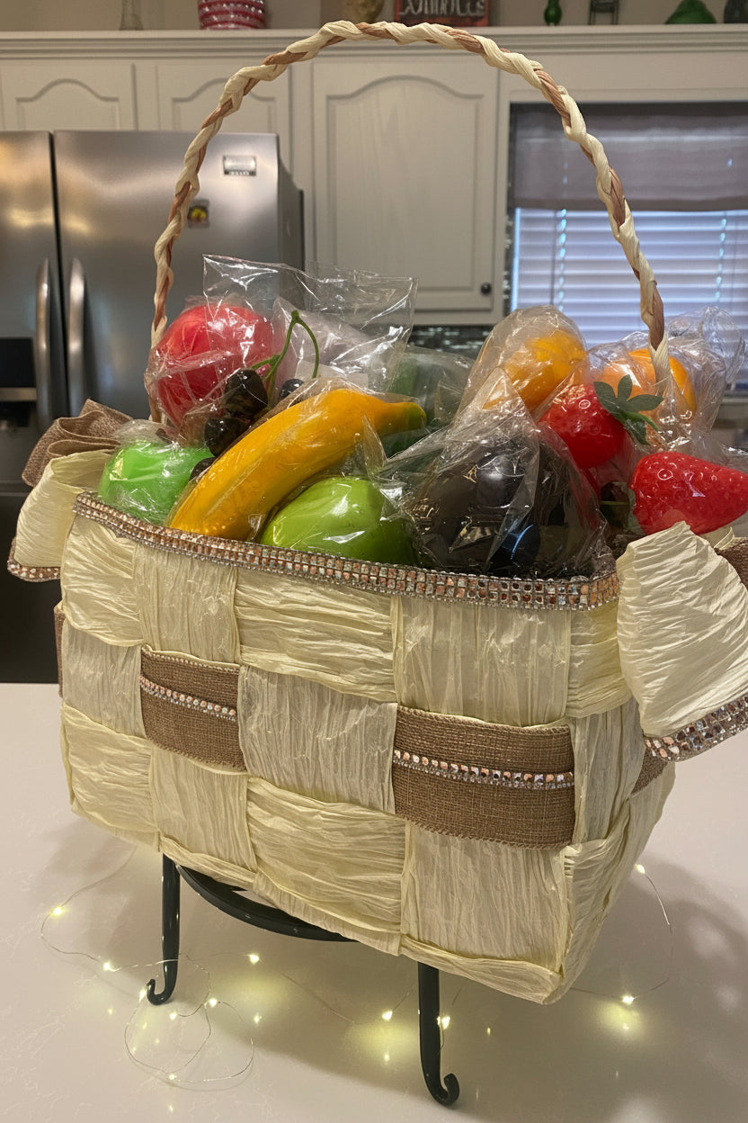 Basket Storage, Cream and Burlap Tan ribbon, hand-woven with crystal rhinestone bling trim. Eco-friendly, beautiful and durable.
