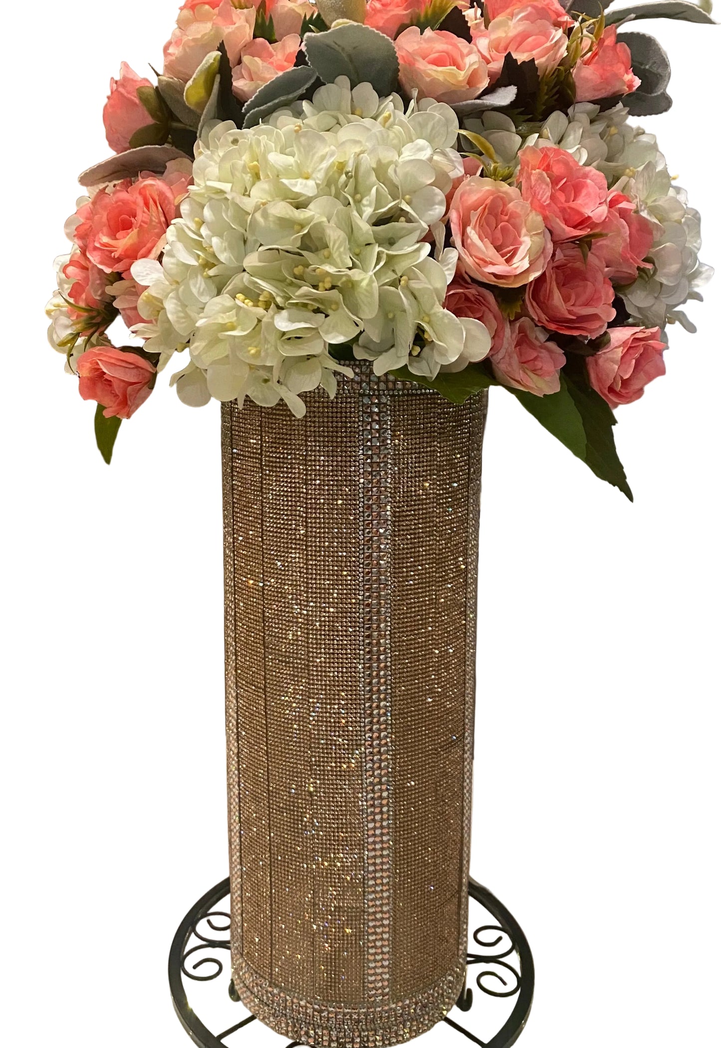 Rose Hydrangea Bouquet, Crystal Rhinestone Vase, Champagne, V-Style, Silk Floral Arrangement. 26" Tall.
