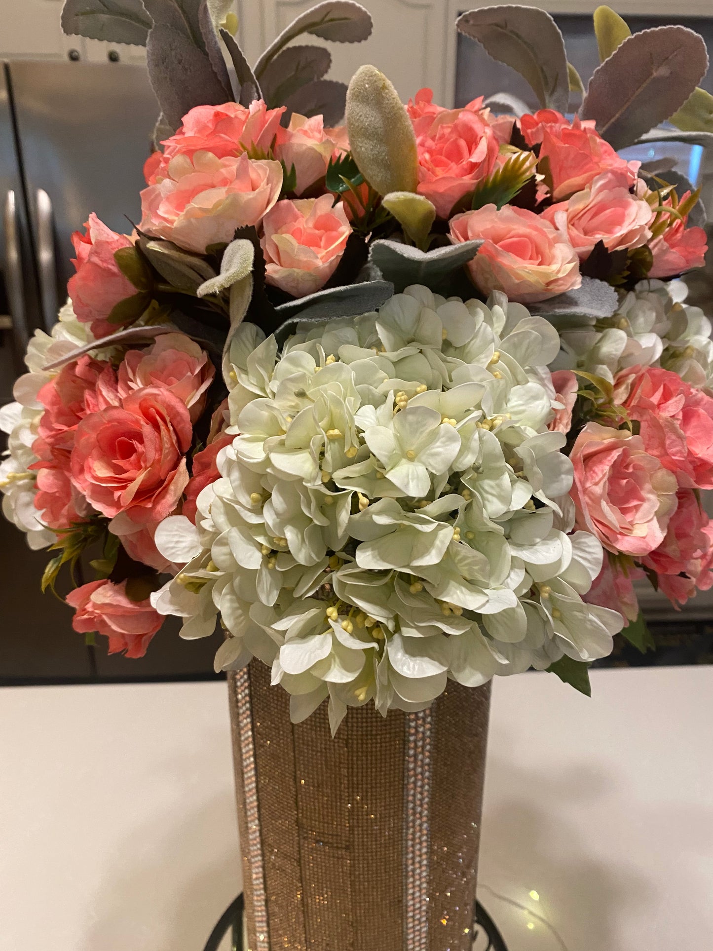Rose Hydrangea Bouquet, Crystal Rhinestone Vase, Champagne, V-Style, Silk Floral Arrangement. 26" Tall.