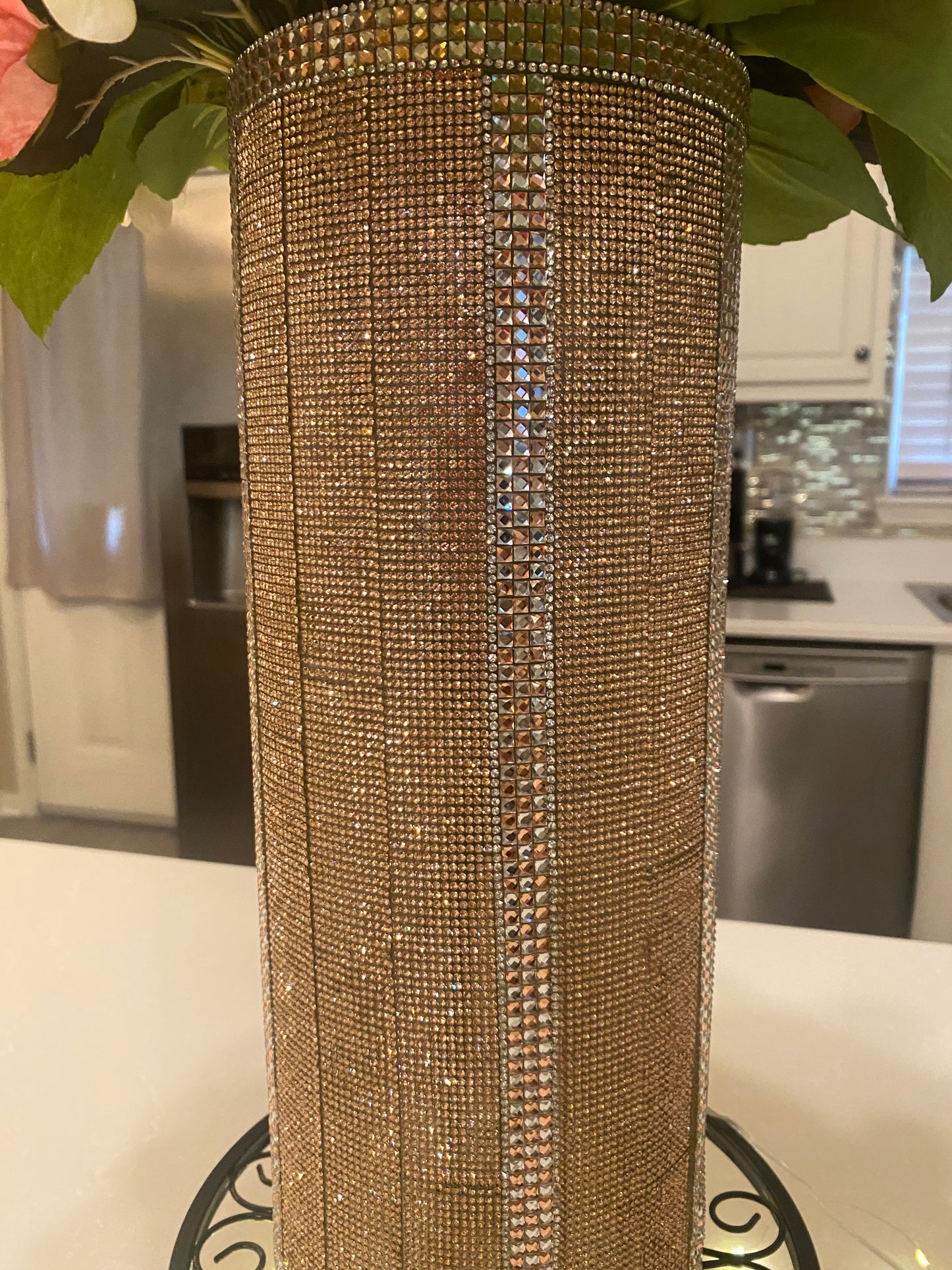 Rose Hydrangea Bouquet, Crystal Rhinestone Vase, Champagne, V-Style, Silk Floral Arrangement. 26" Tall.