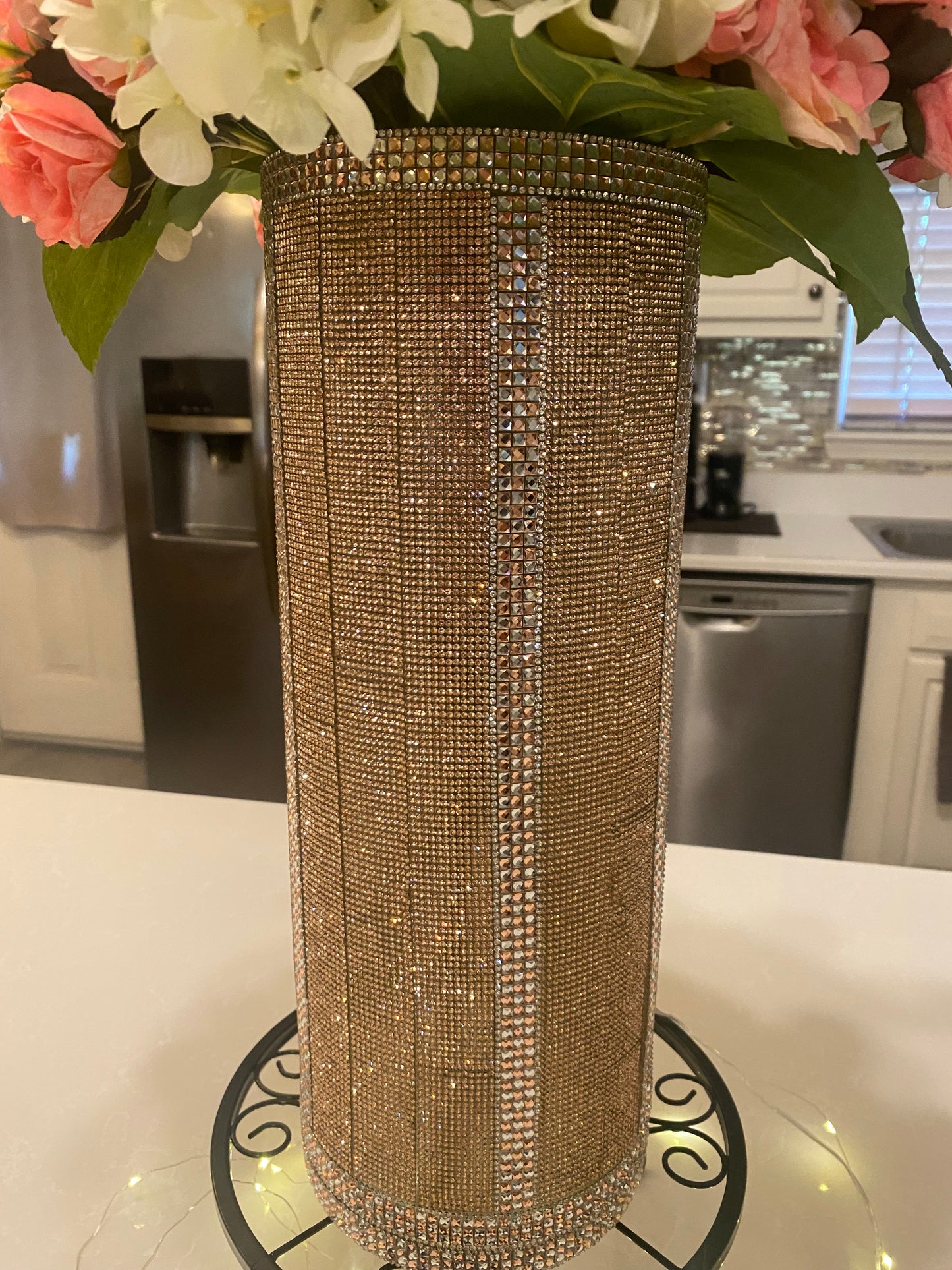 Rose Hydrangea Bouquet, Crystal Rhinestone Vase, Champagne, V-Style, Silk Floral Arrangement. 26" Tall.