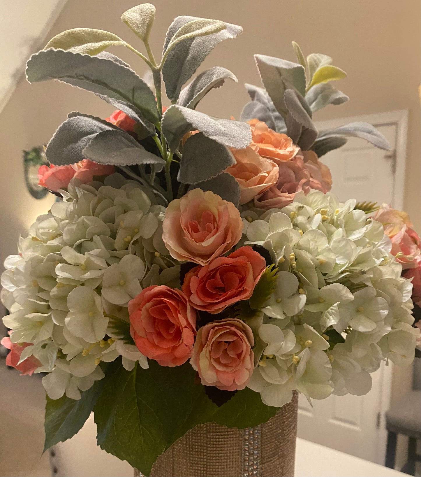 Rose Hydrangea Bouquet, Crystal Rhinestone Vase, Champagne, V-Style, Silk Floral Arrangement. 26" Tall.