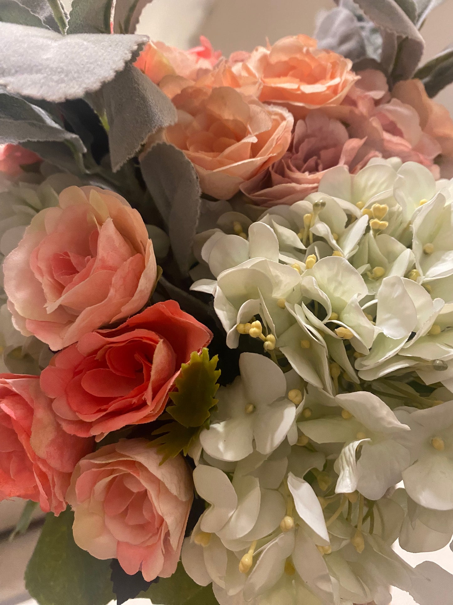 Rose Hydrangea Bouquet, Crystal Rhinestone Vase, Champagne, V-Style, Silk Floral Arrangement. 26" Tall.