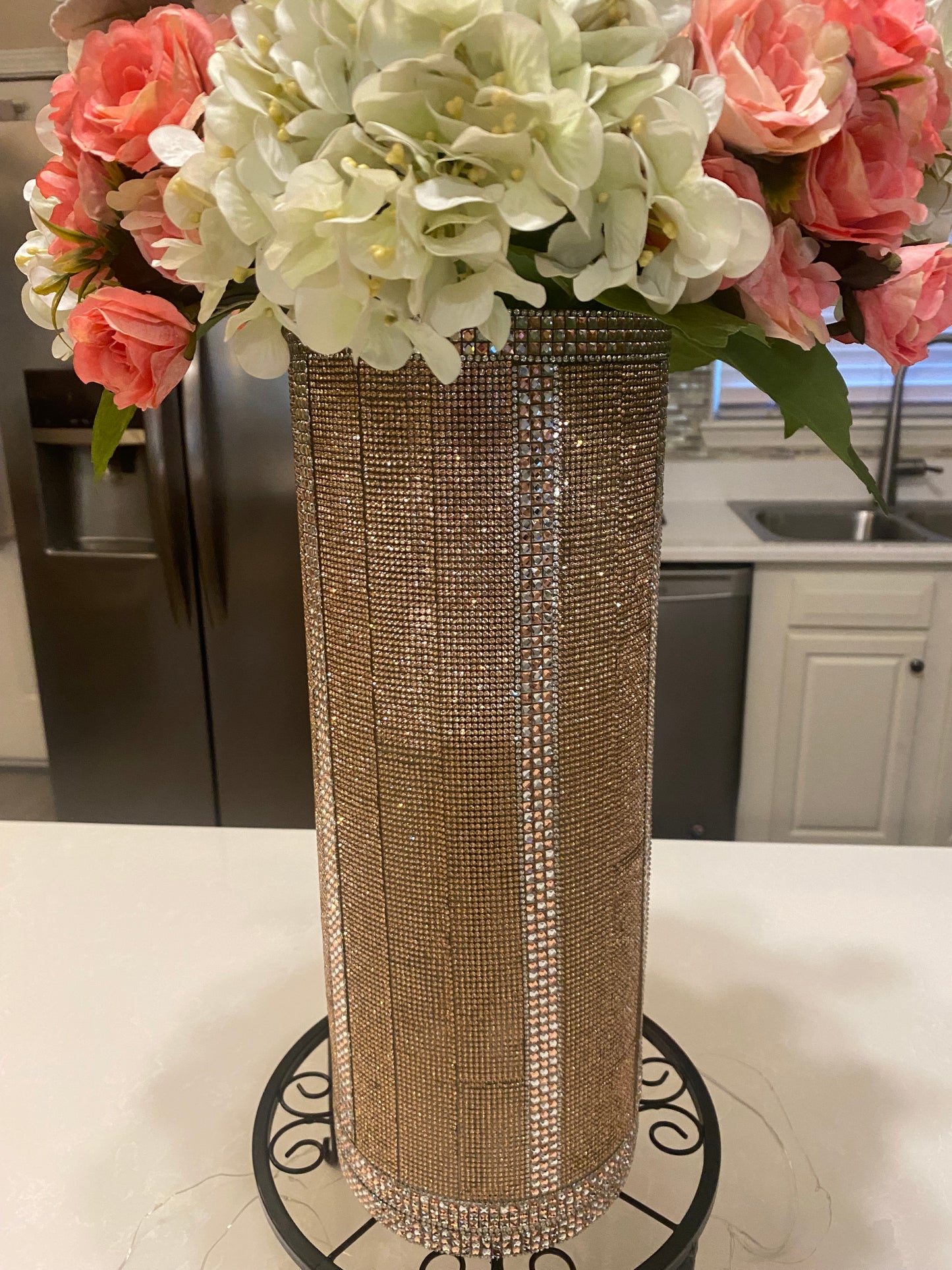 Rose Hydrangea Bouquet, Crystal Rhinestone Vase, Champagne, V-Style, Silk Floral Arrangement. 26" Tall.