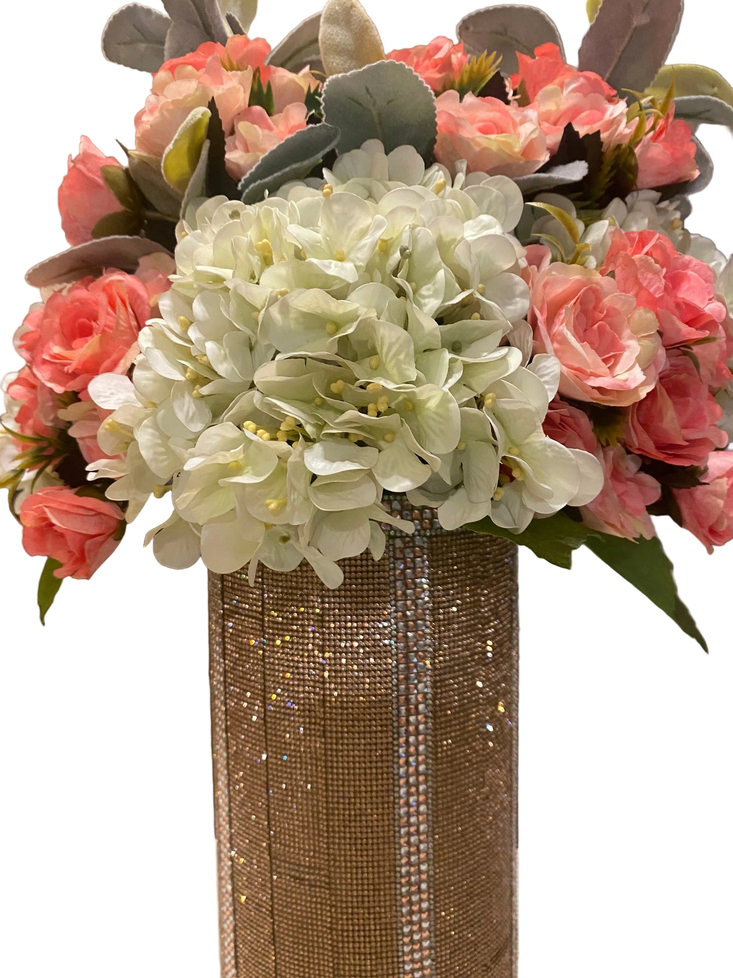 Rose Hydrangea Bouquet, Crystal Rhinestone Vase, Champagne, V-Style, Silk Floral Arrangement. 26" Tall.