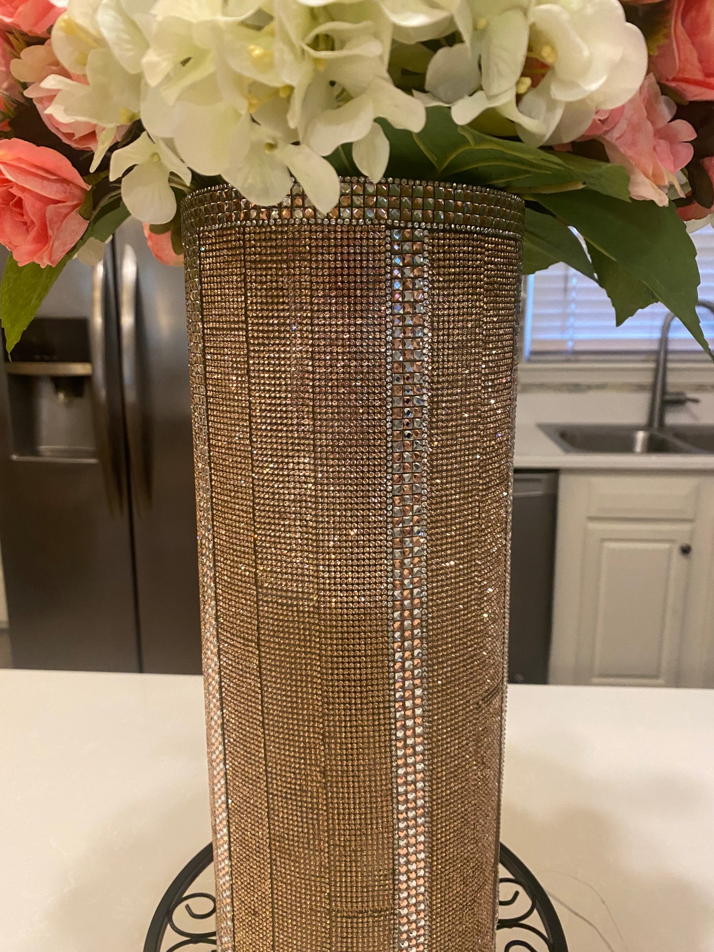Rose Hydrangea Bouquet, Crystal Rhinestone Vase, Champagne, V-Style, Silk Floral Arrangement. 26" Tall.