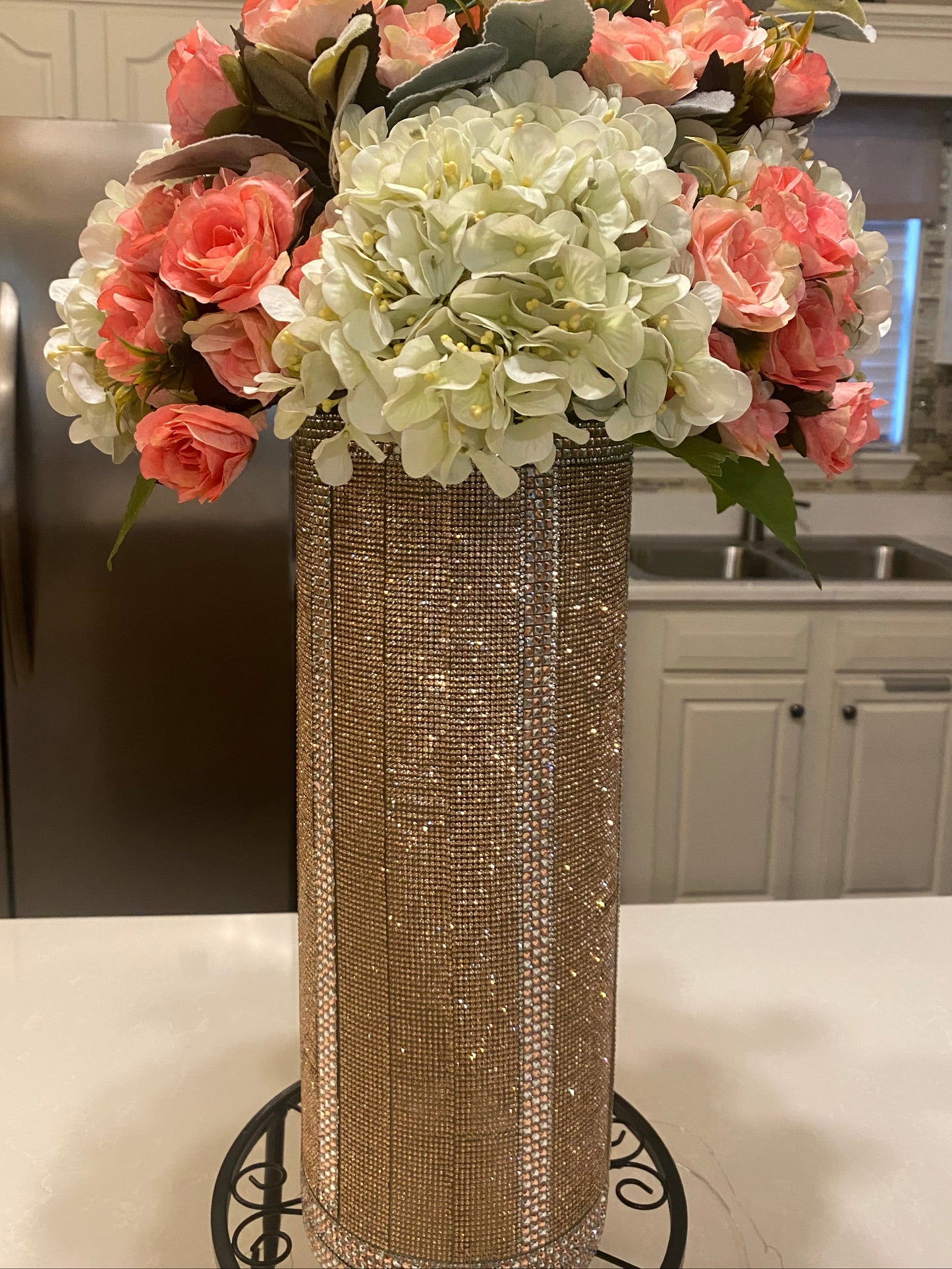 Rose Hydrangea Bouquet, Crystal Rhinestone Vase, Champagne, V-Style, Silk Floral Arrangement. 26" Tall.