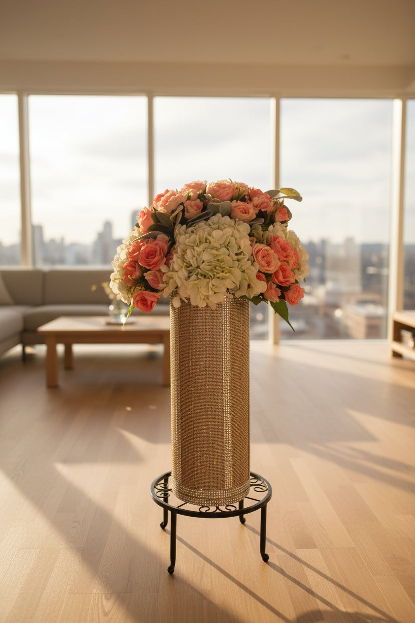 Decorative vase with flowers on a kitchen counter