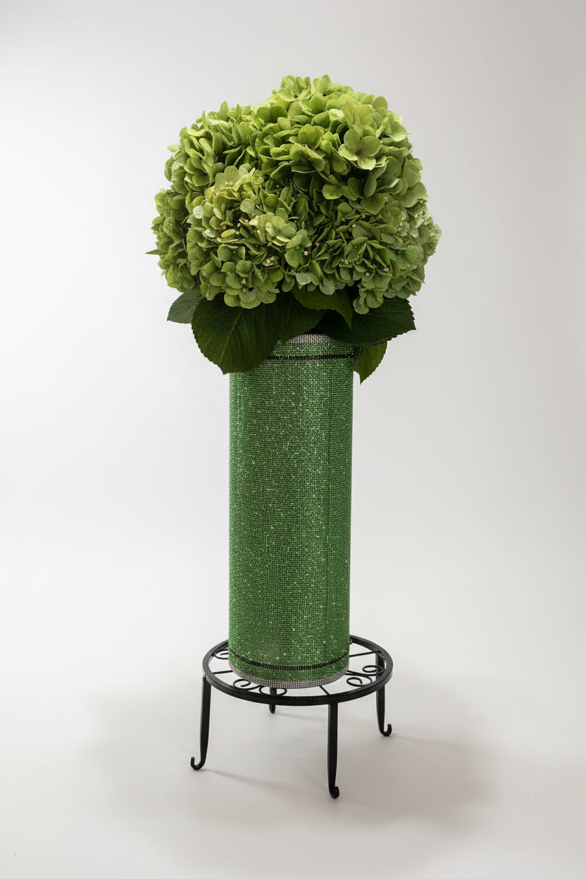 Green crystal rhinestone vase with a bling textured surface 15" heavy-glass-cylinder designed by bling-it-werks.com
