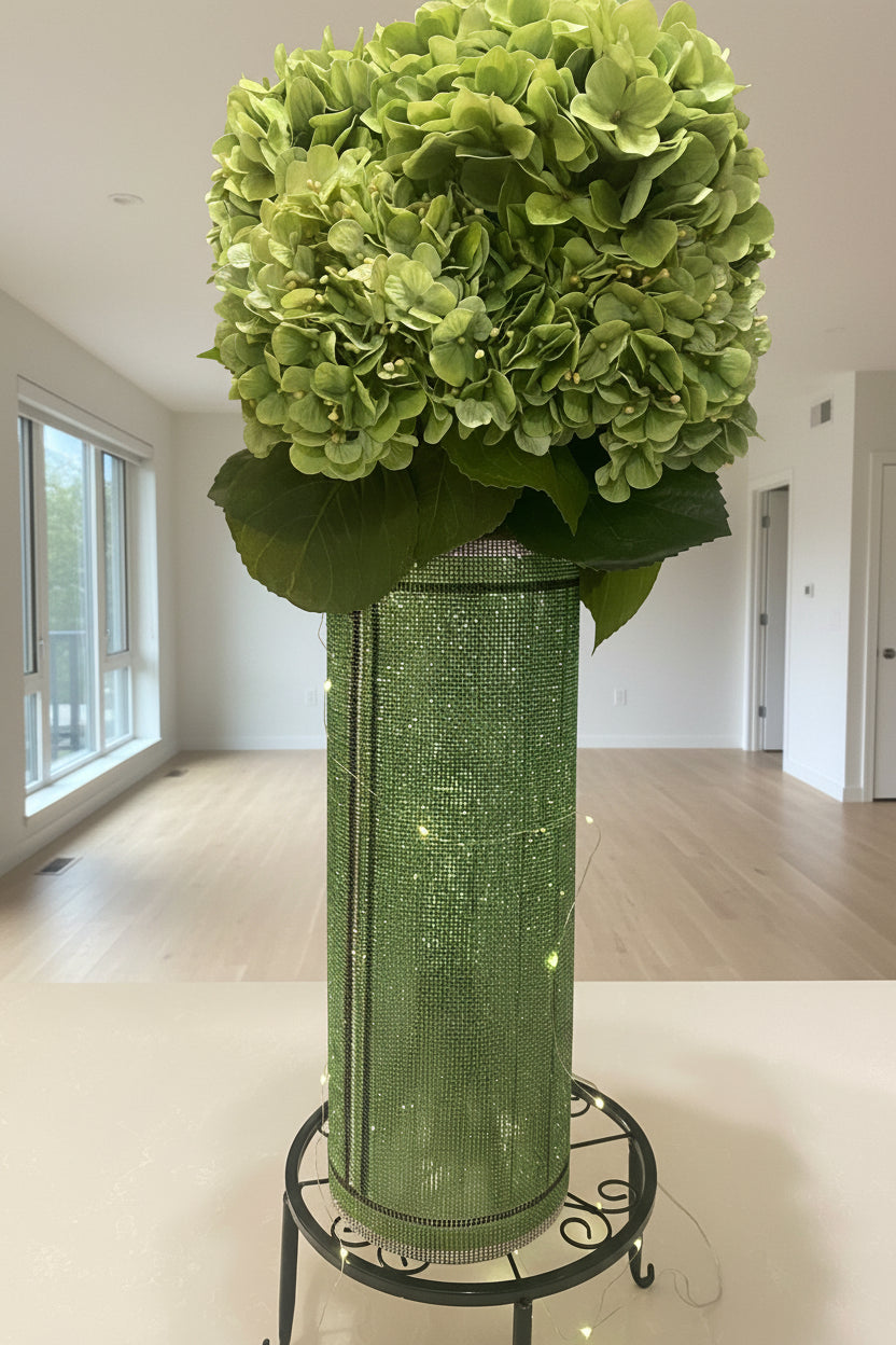 Green crystal rhinestone vase with a bling textured surface 15" heavy-glass-cylinder designed by bling-it-werks.com