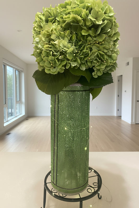 Green crystal rhinestone vase with a bling textured surface 15" heavy-glass-cylinder designed by bling-it-werks.com