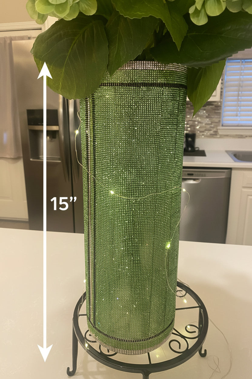 Crystal Rhinestone Vase Green (heavy, cylinder, glass) is 15" tall. Long-stem silk floral arrangements sold separately.