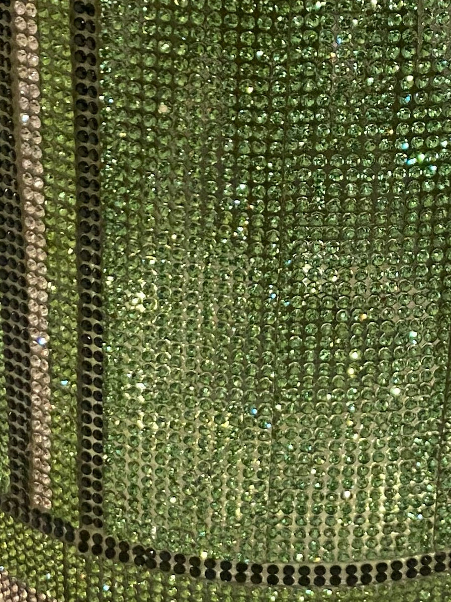 Crystal Rhinestone Vase Green (heavy, cylinder, glass) is 15" tall. Long-stem silk floral arrangements sold separately.