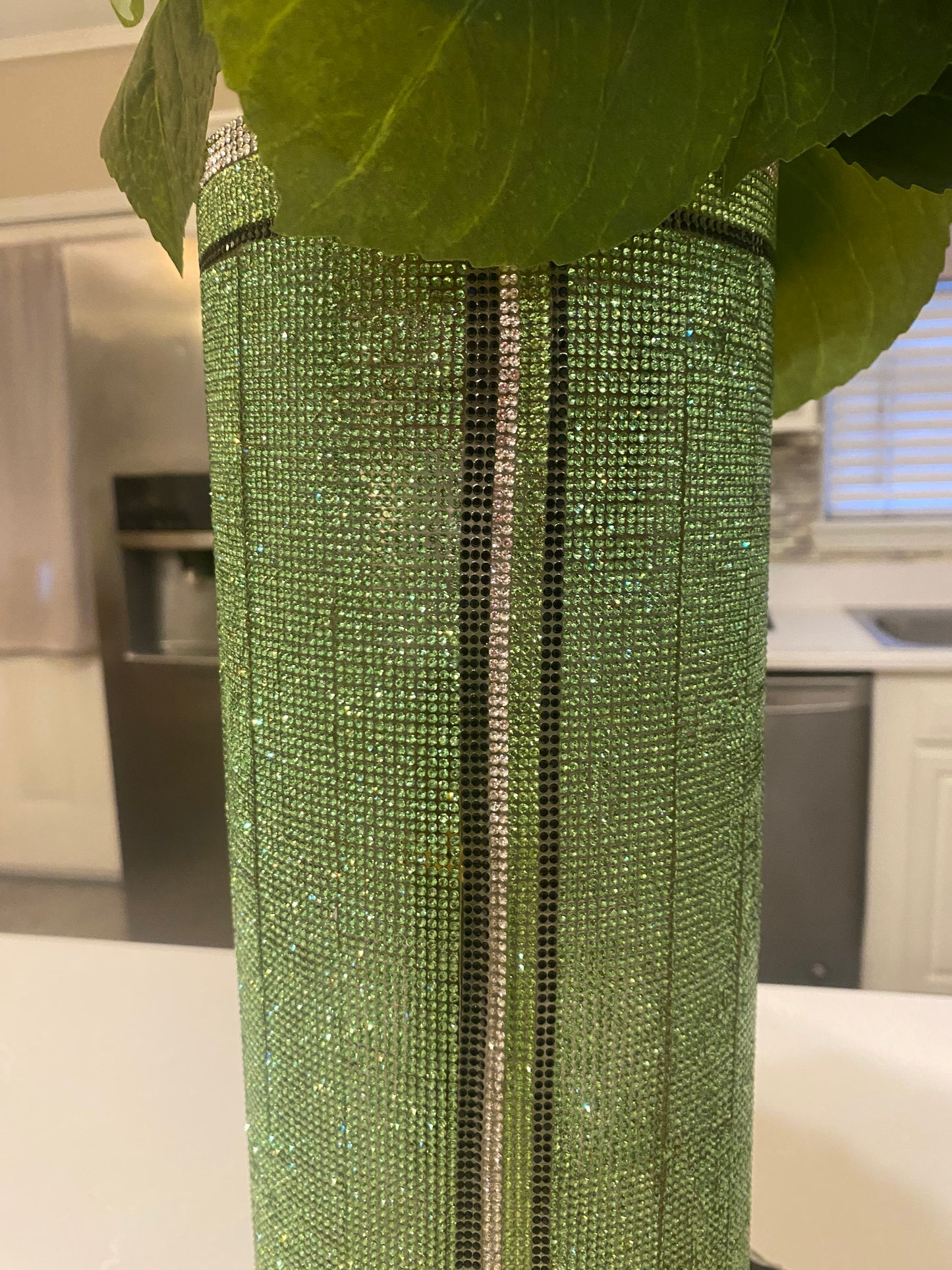 Crystal Rhinestone Vase Green (heavy, cylinder, glass) is 15" tall. Long-stem silk floral arrangements sold separately.