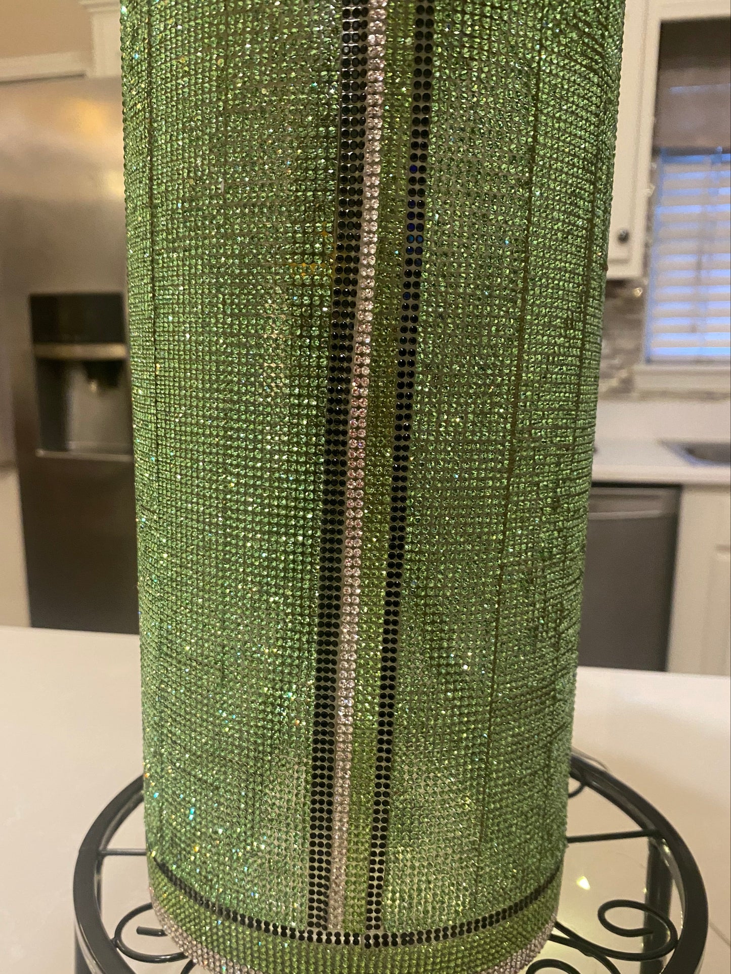 Green crystal rhinestone vase with a textured surface and string lights designed by bling-it-werks.com