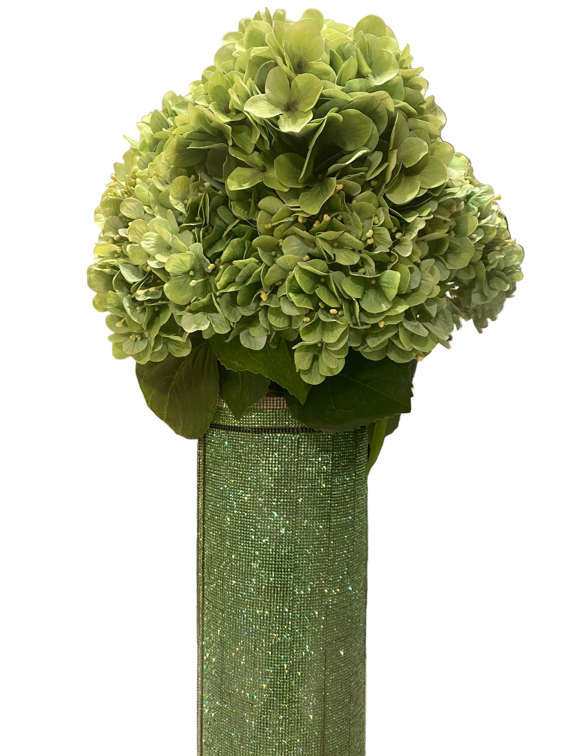 Green crystal rhinestone vase with a bling textured surface 15" heavy-glass-cylinder designed by bling-it-werks.com
