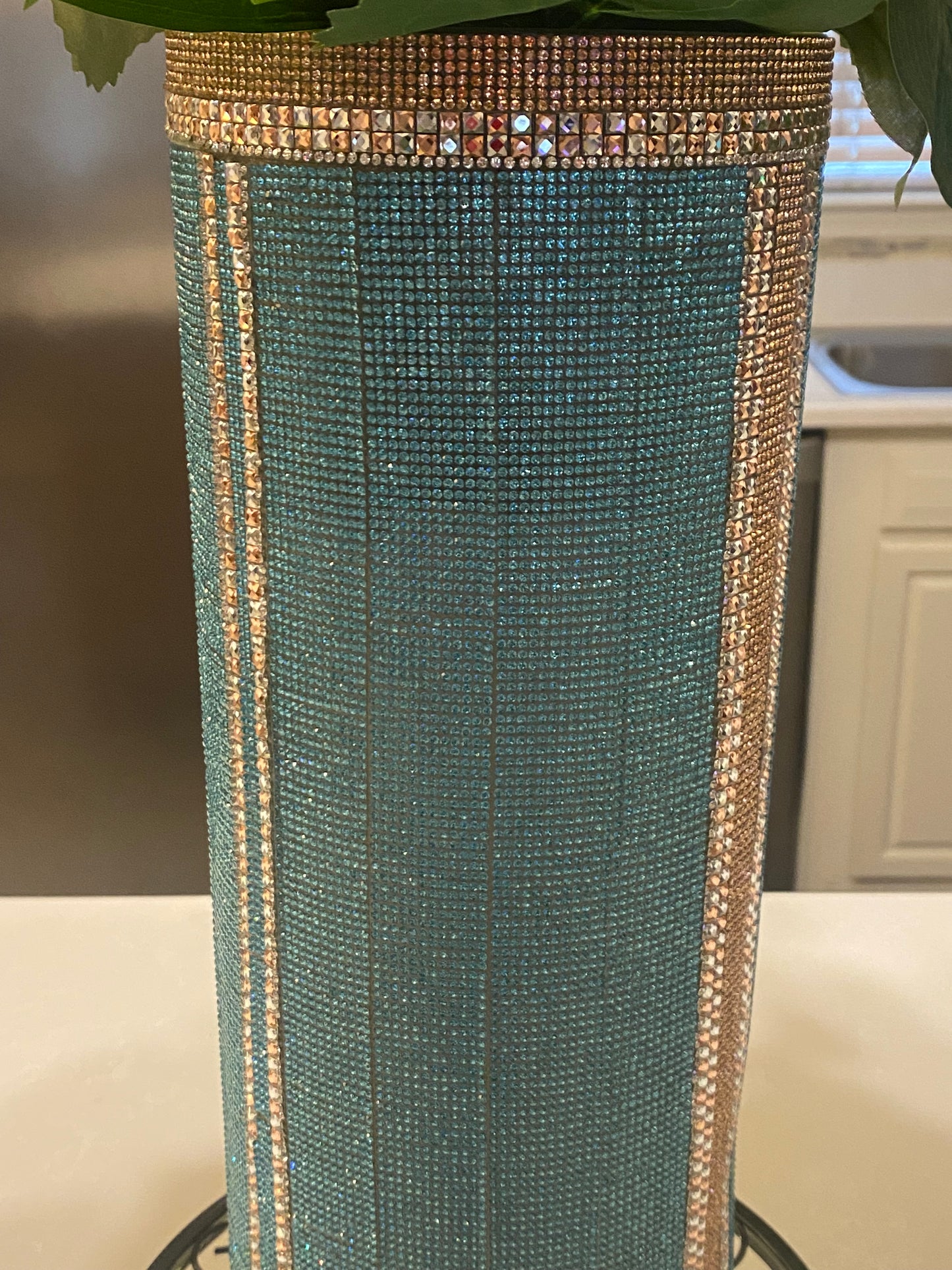 Crystal Rhinestone Vase Lake Blue V-Style design (heavy, cylinder, glass) is 15" tall. Long-stem silk floral arrangements sold separately.