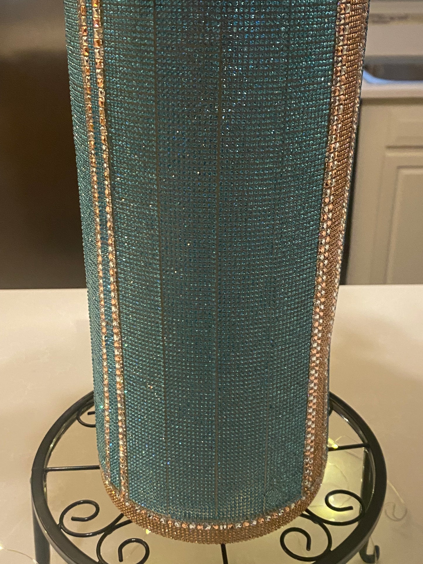 Crystal Rhinestone Vase Lake Blue V-Style design (heavy, cylinder, glass) is 15" tall. Long-stem silk floral arrangements sold separately.