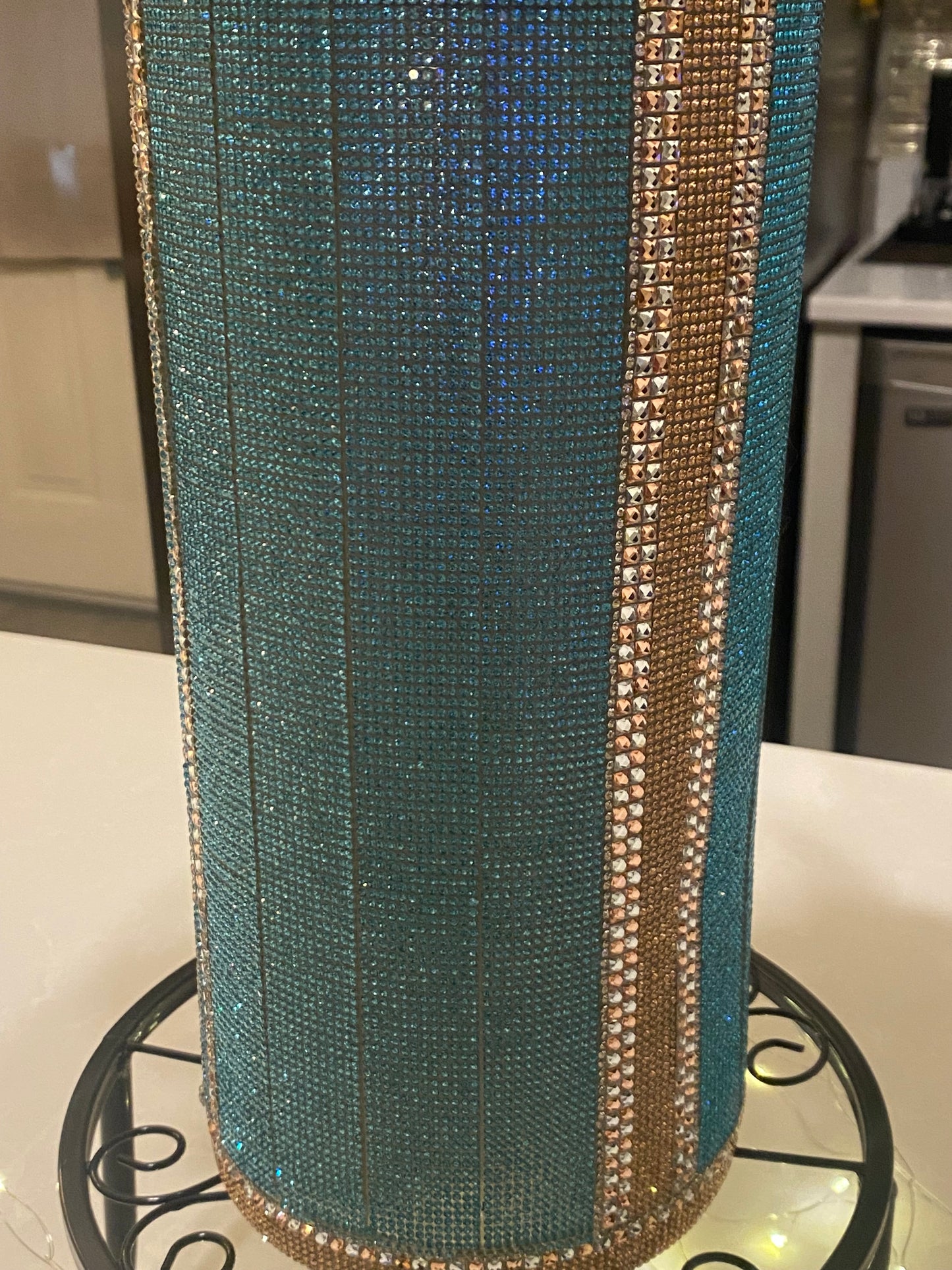 Crystal Rhinestone Vase Lake Blue V-Style design (heavy, cylinder, glass) is 15" tall. Long-stem silk floral arrangements sold separately.