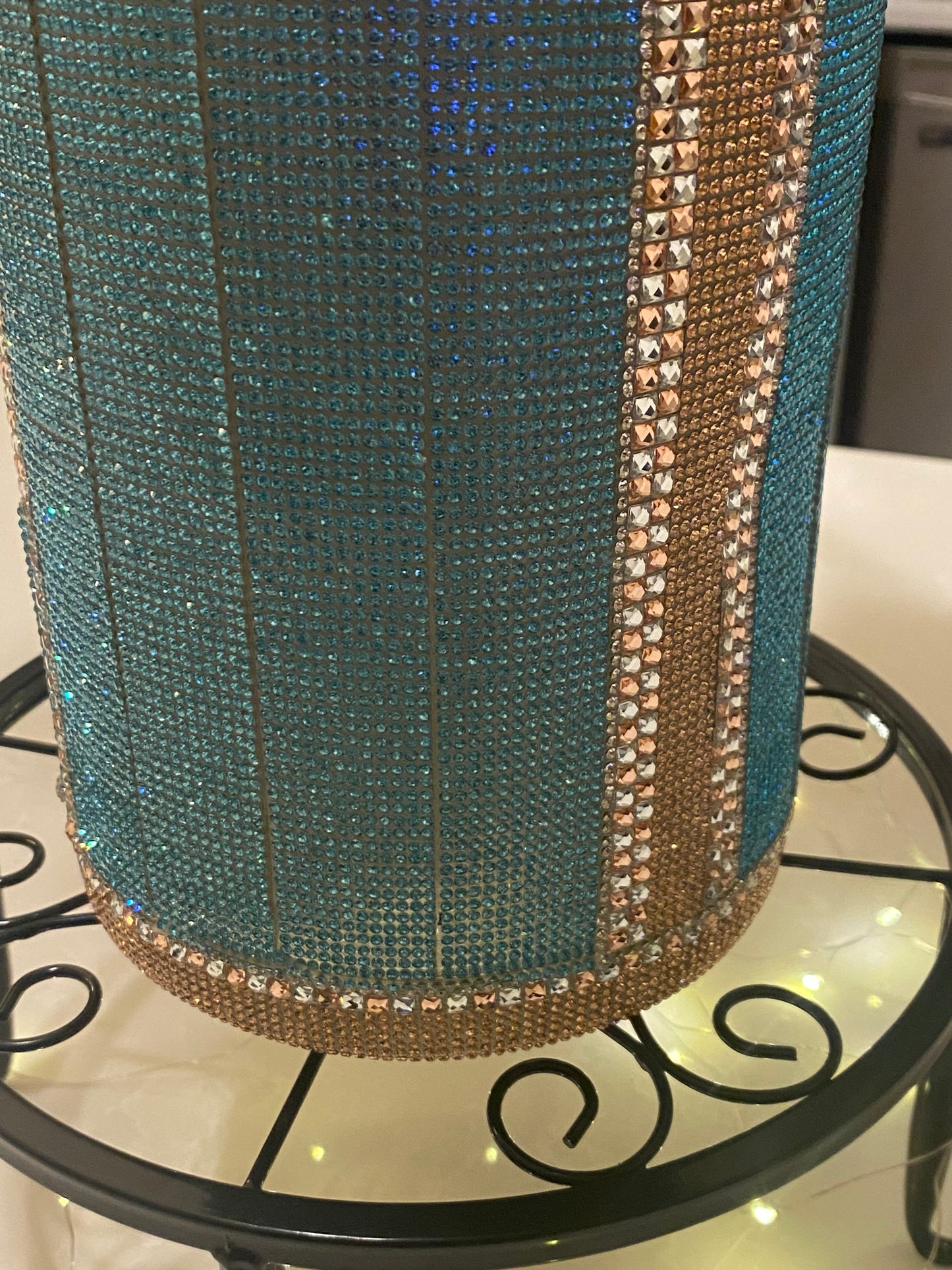 Crystal Rhinestone Vase Lake Blue V-Style design (heavy, cylinder, glass) is 15" tall. Long-stem silk floral arrangements sold separately.