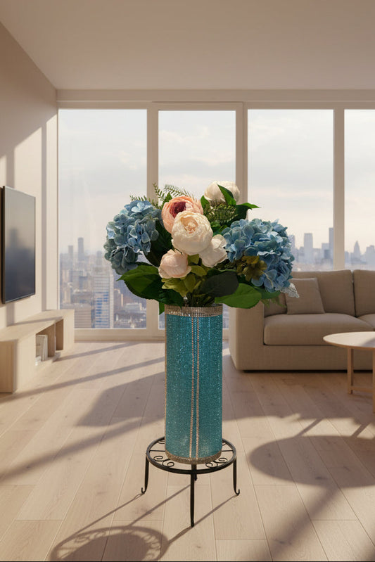 Gorgeous lake blue crystal rhinestone vase with large hydrangea and peony flowers designed by bling-it-werks.com