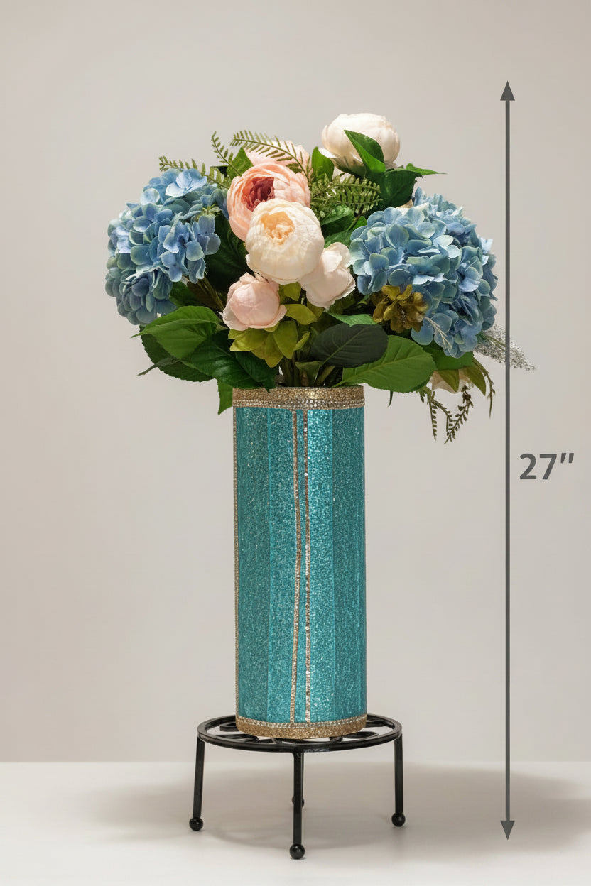 Lake blue crystal rhinestone vase filled with peonies and hydrangea the perfect statement for your home decor.
