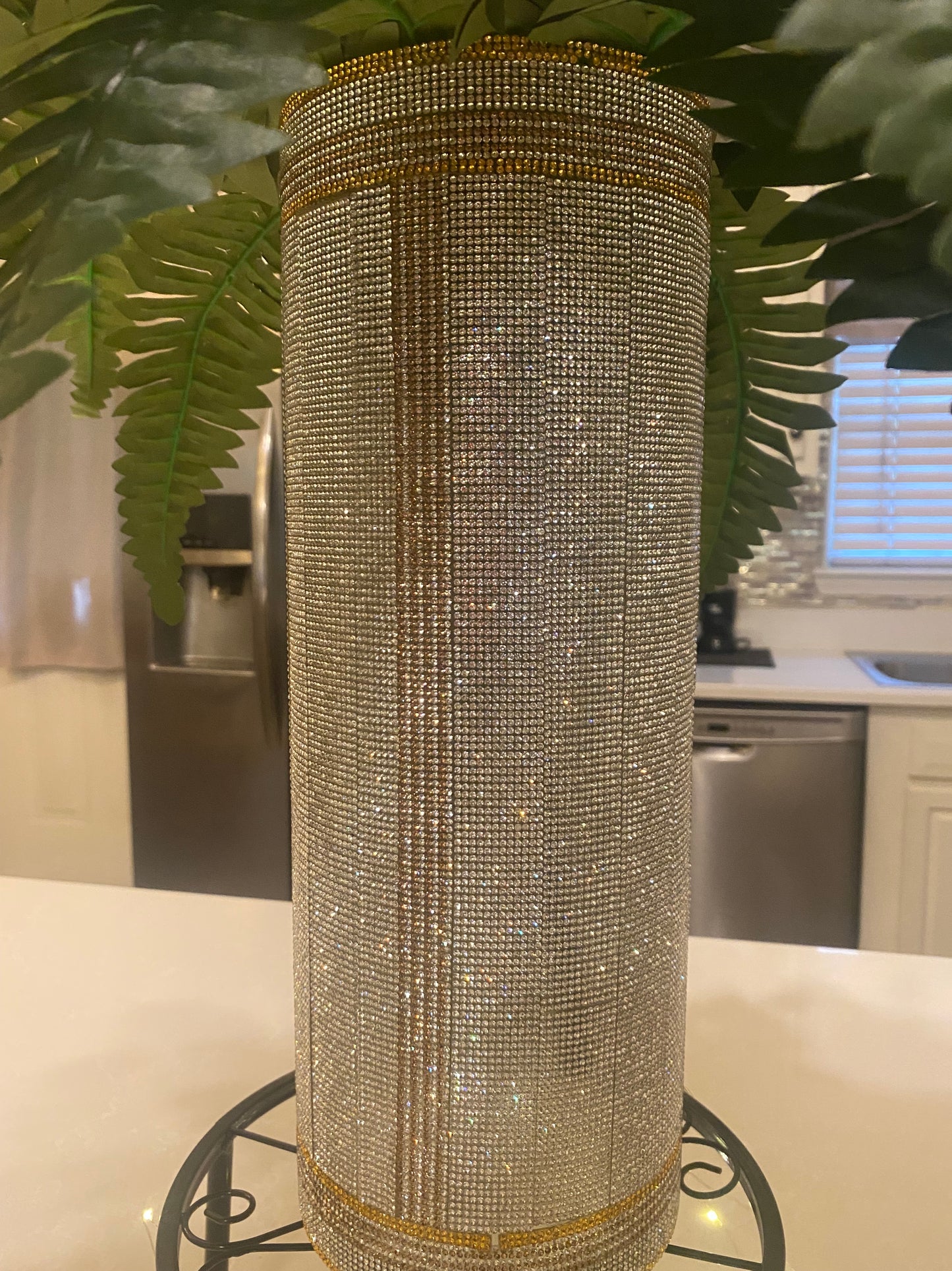 Silver Crystal Rhinestone Vase, V-Style design (heavy, cylinder, glass) is 15" tall. Includes fern greenery and free shipping.