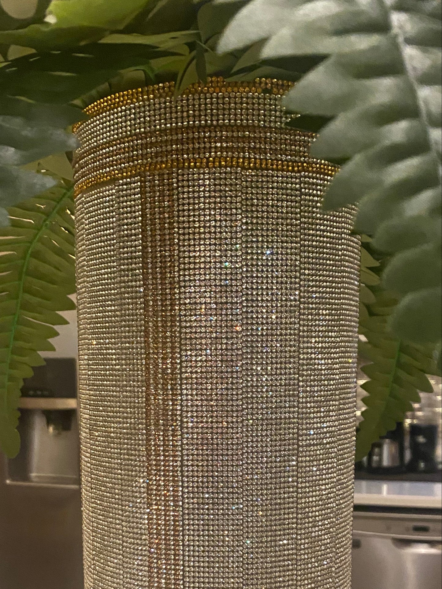 Silver, gold, crystal rhinestone vase with a fern plant is an elegant design by bling-it-werks.com
