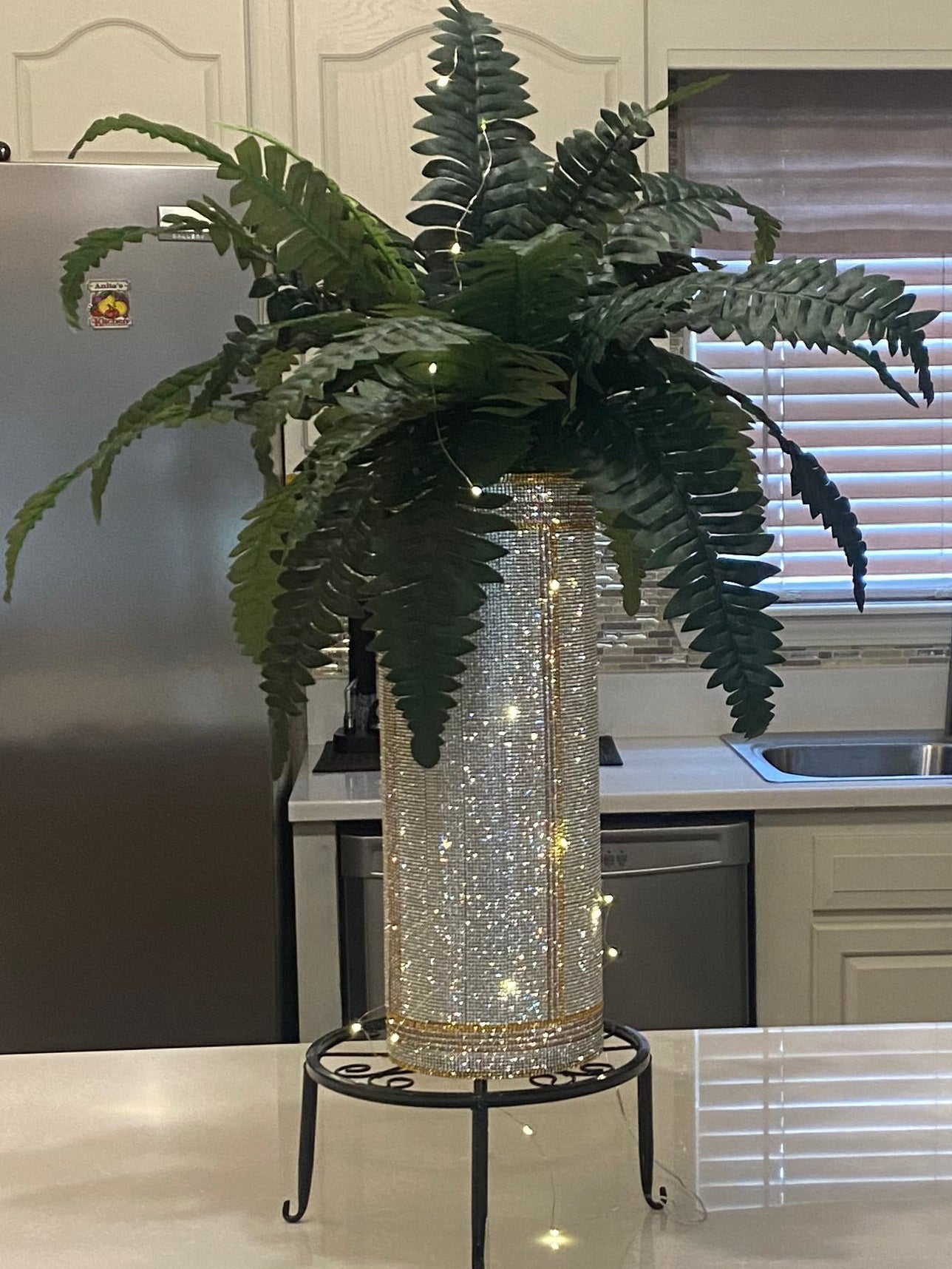 Silver Crystal Rhinestone Vase, V-Style design (heavy, cylinder, glass) is 15" tall. Includes fern greenery and free shipping.