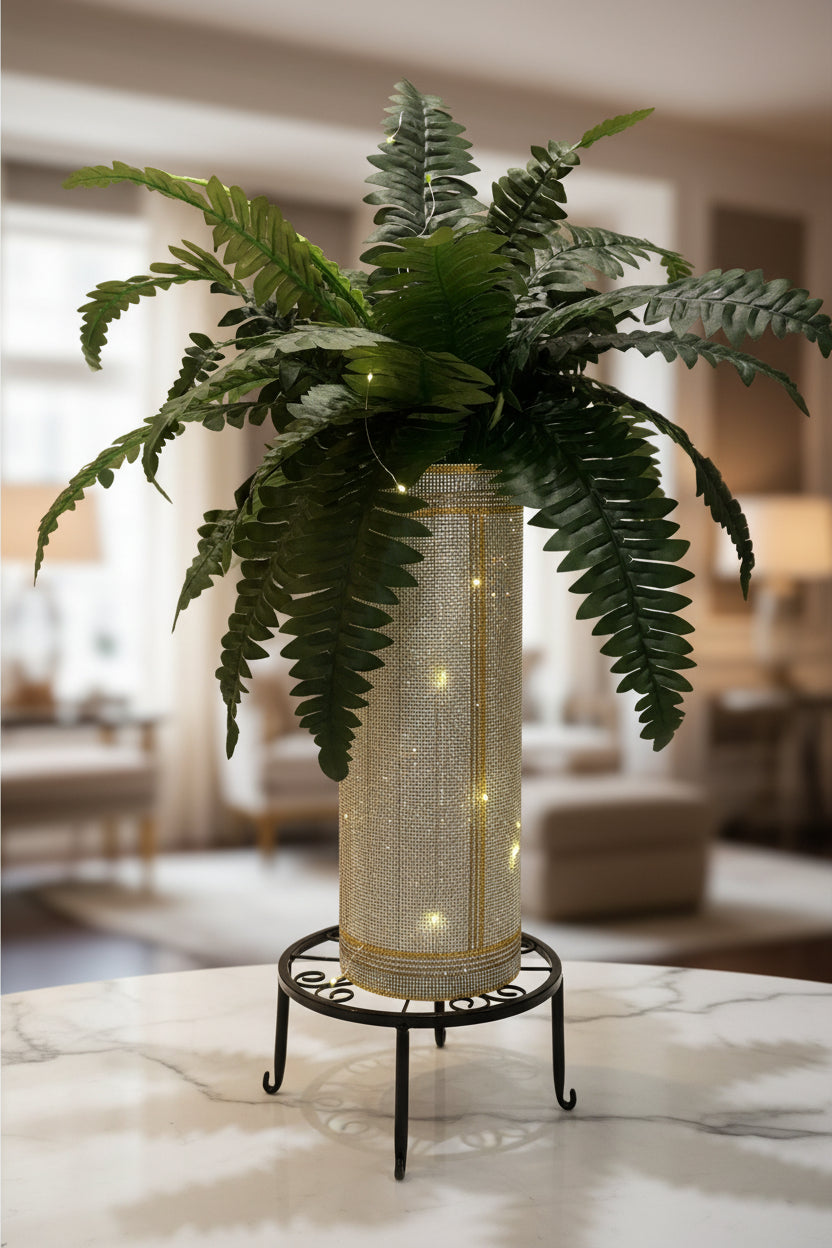 Decorative plant with a crystal rhinestone vase in a room setting