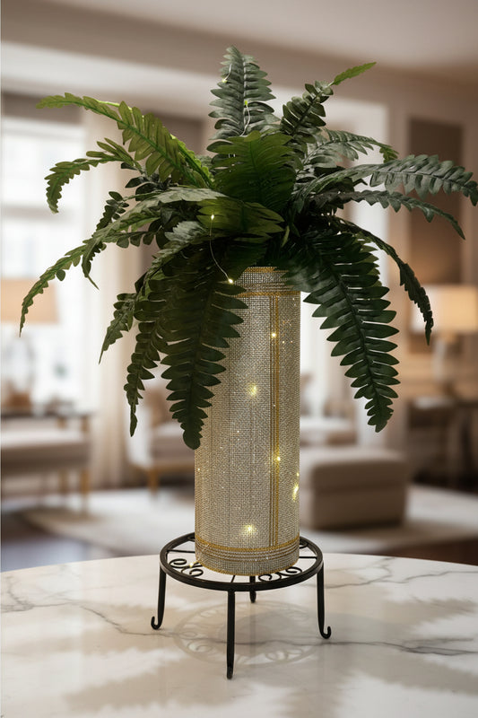 Decorative plant with a crystal rhinestone vase in a room setting