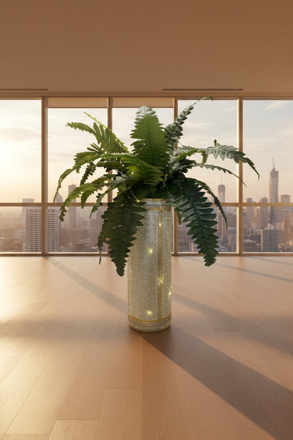 Silver, gold, crystal rhinestone vase with a fern plant is an elegant design by bling-it-werks.com