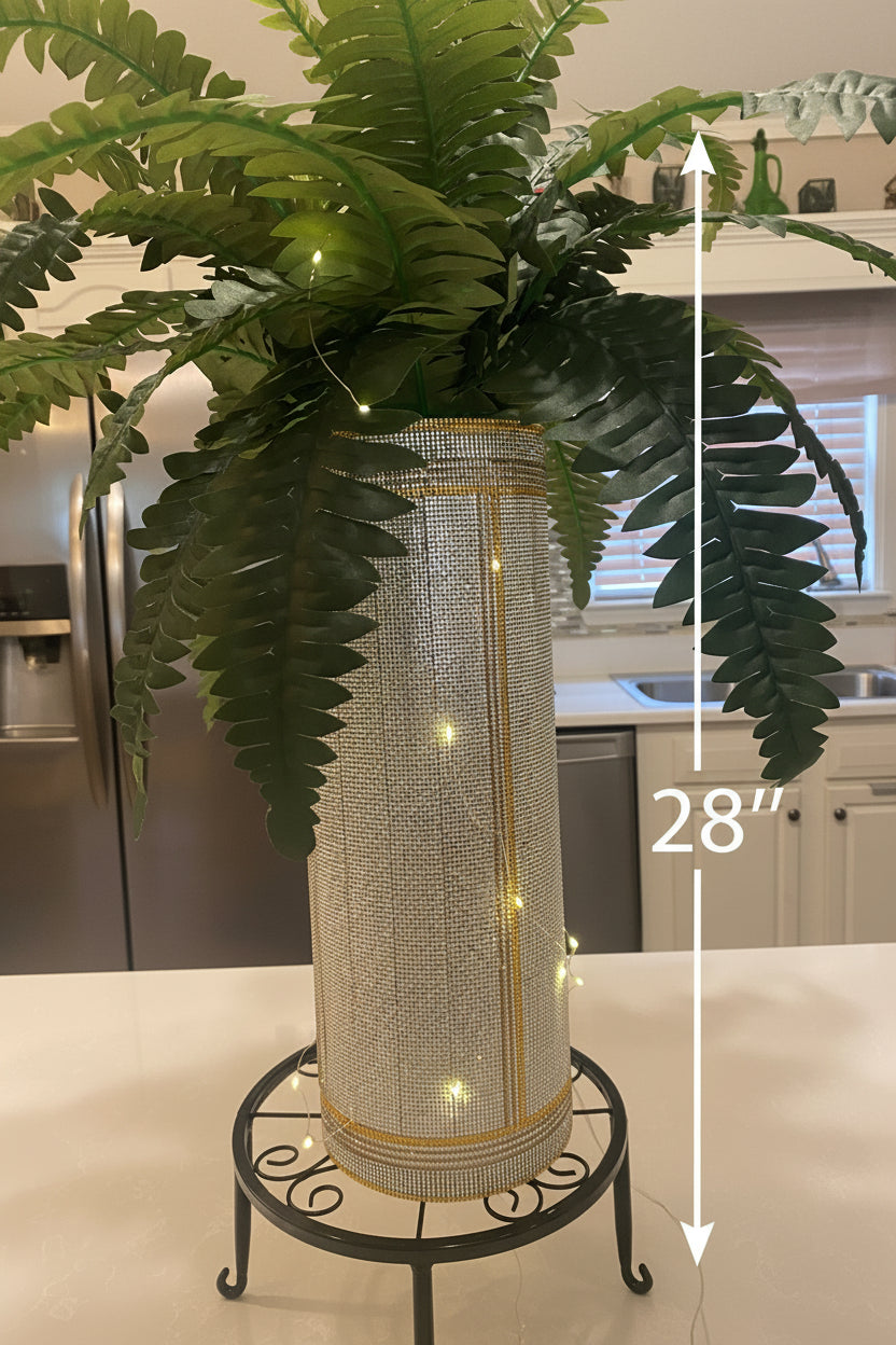 Silver, gold, crystal rhinestone vase with a fern plant is an elegant design by bling-it-werks.com