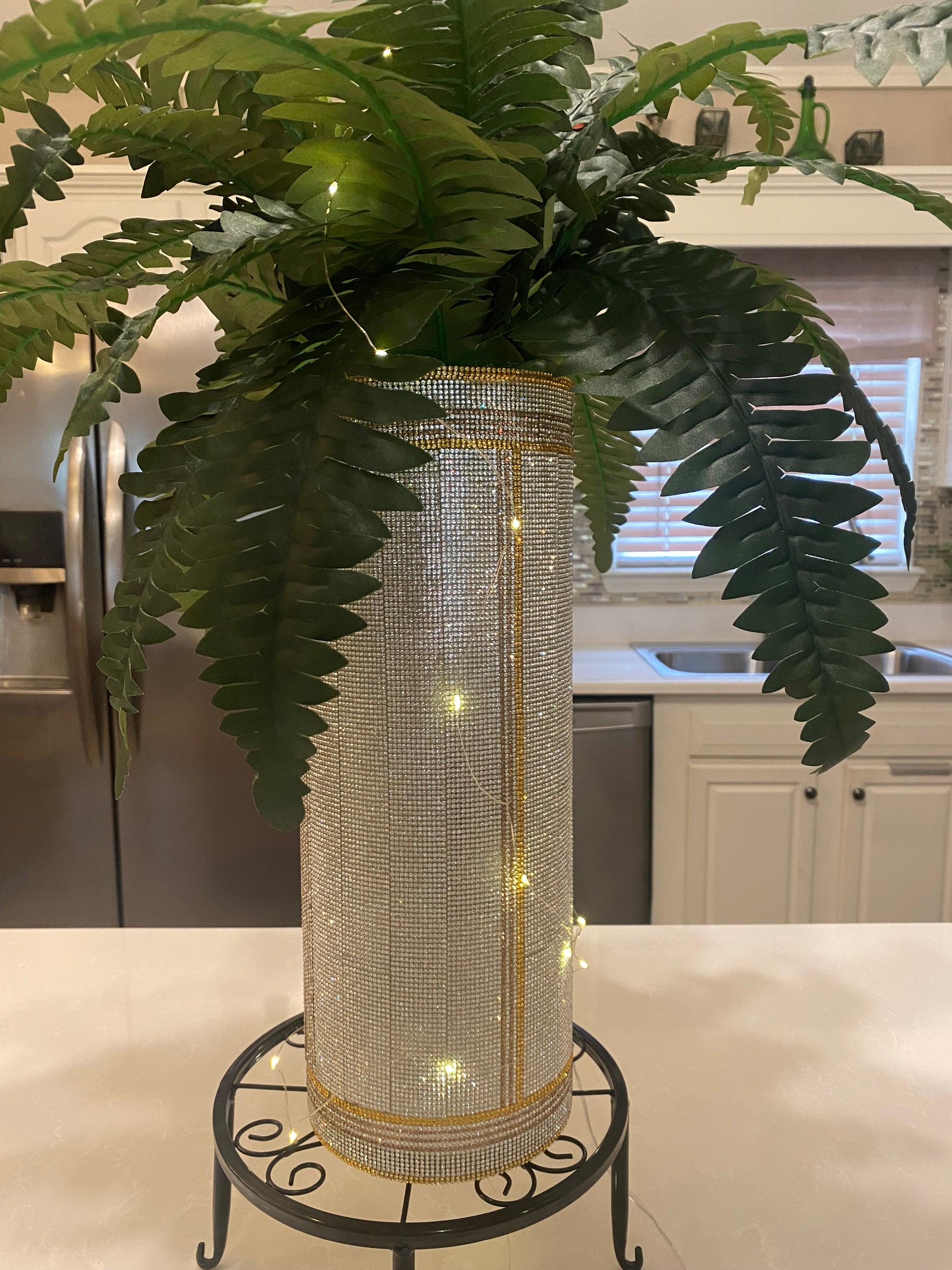 Silver, gold, crystal rhinestone vase with a fern plant is an elegant design by bling-it-werks.com